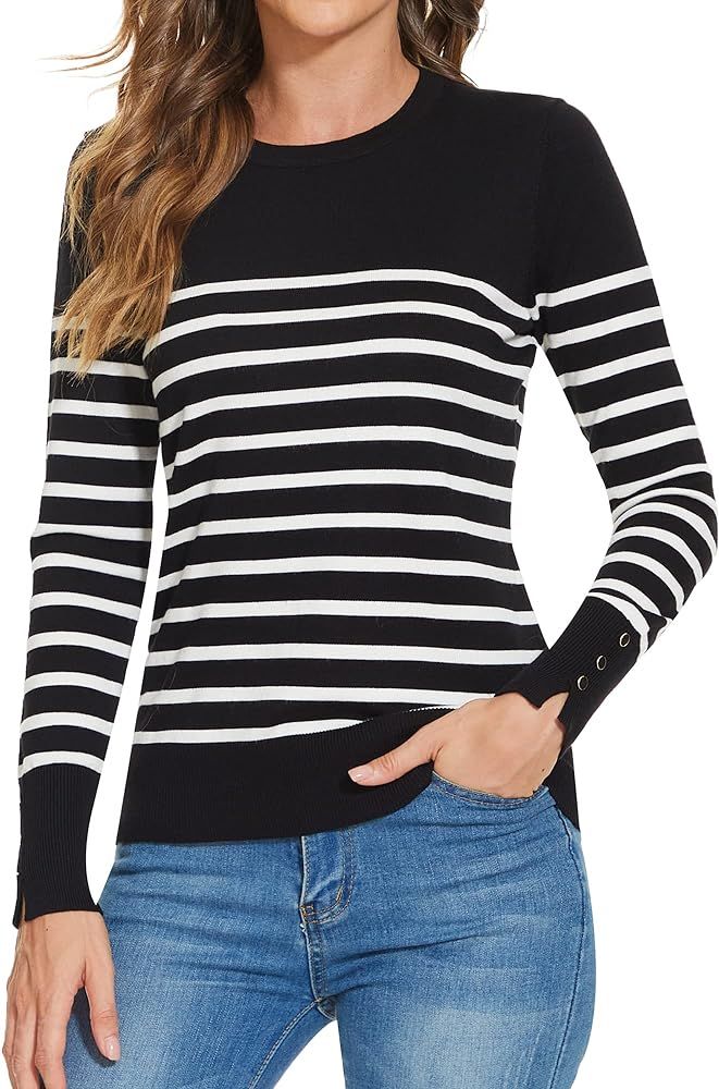 A ROW Crew Neck Sweaters for Women Striped Sweater Long Sleeve Lightweight Pullover Knit Tops for... | Amazon (US)