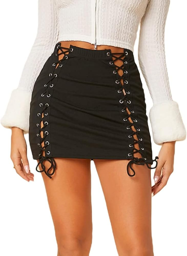 Verdusa Women's Lace Up Front Strappy High Waist Bodycon Short Skirt | Amazon (US)