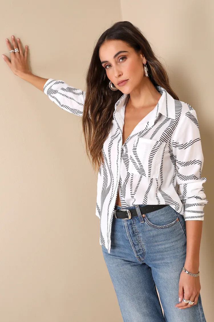 Abstract Artist Black and White Print Long Sleeve Button-Up Top | Lulus
