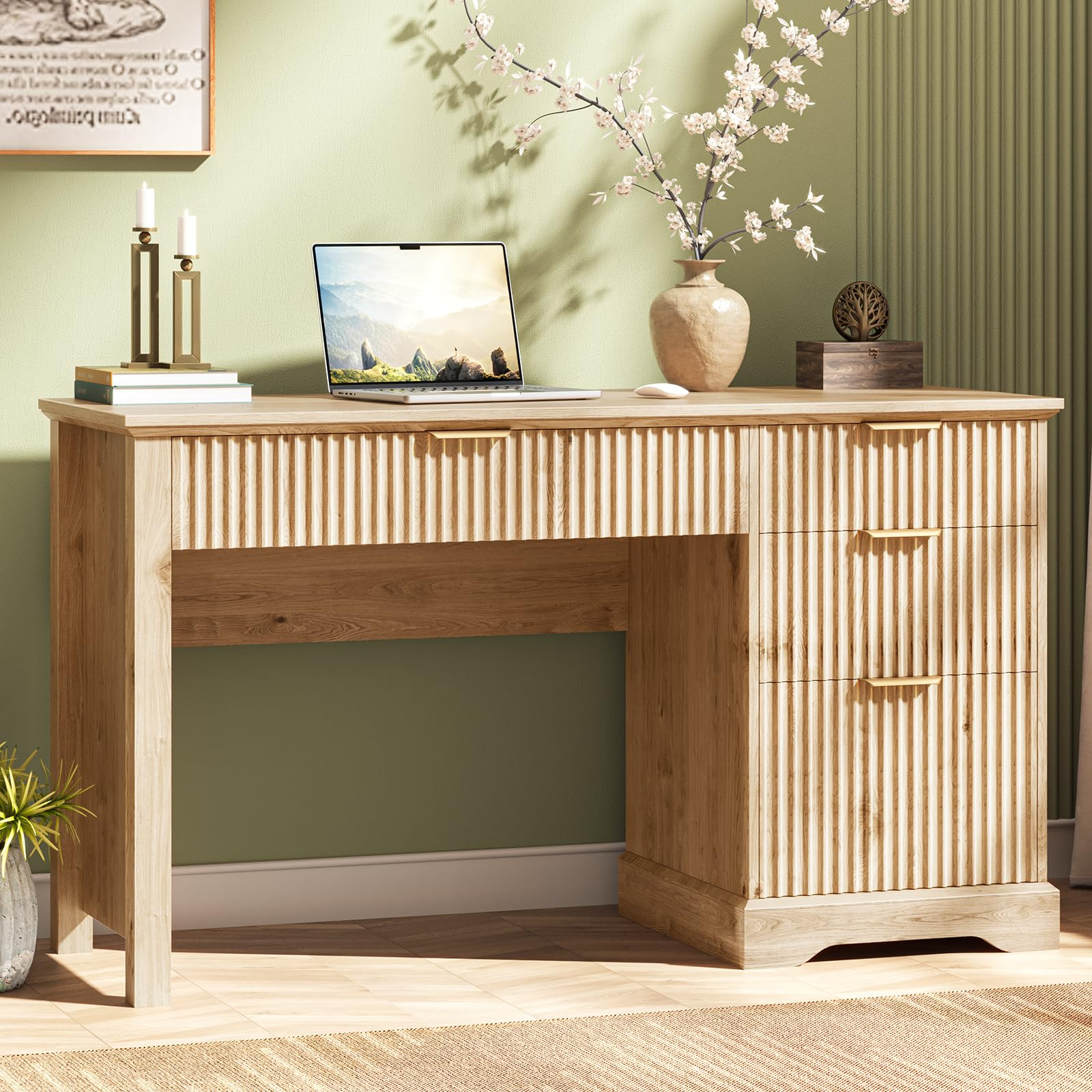 Vabches Fluted Executive Desk with Drawers, Wood Computer Desk with Ample File Drawer, Home Offic... | Amazon (US)