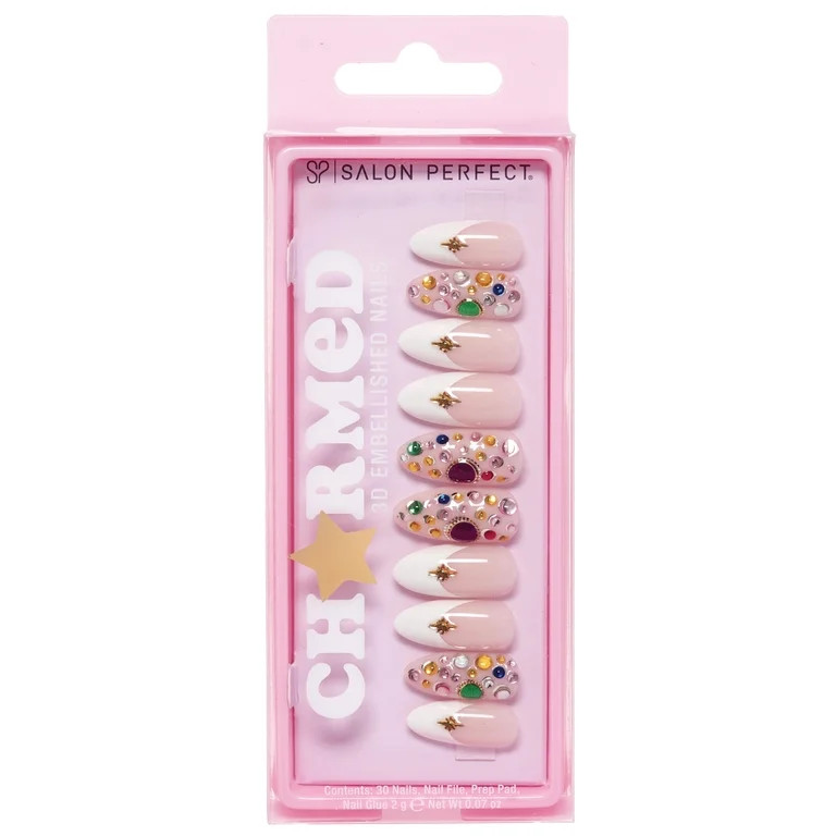 Salon Perfect Artificial Fake Press On Nails, 480 Charmed French Gems, Medium Almond, File, Glue ... | Walmart (US)