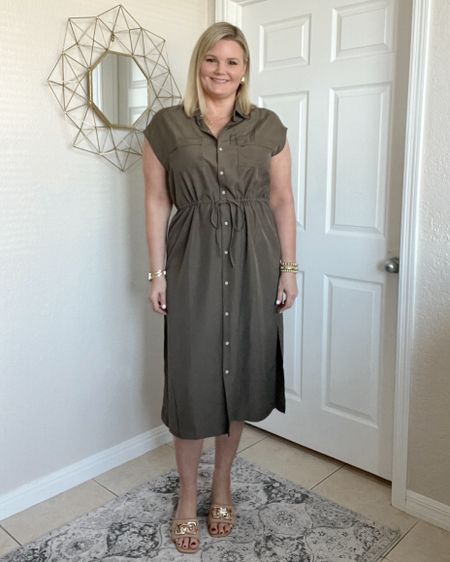 Old Navy utility dress in olive, also comes in beige and black. Fits a bit big, if between sizes, I’d go down. I’m in the large. Workwear  

#LTKover40 #LTKworkwear #LTKmidsize
