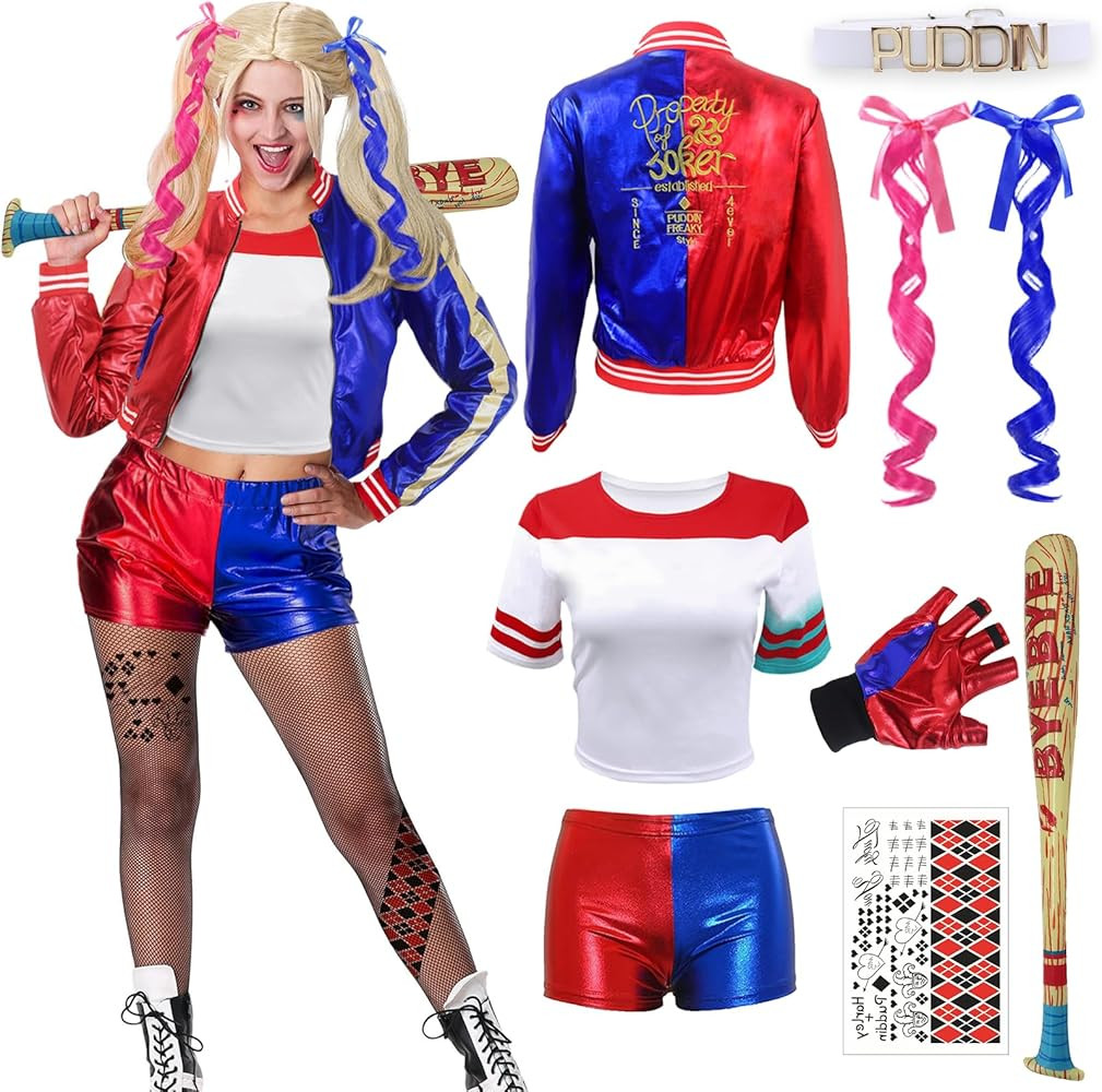 9 Pcs Quinn Costume Set for Adult Women, Halloween Villain Costume Outfit Quinn Cosplay Fancy Dre... | Amazon (UK)