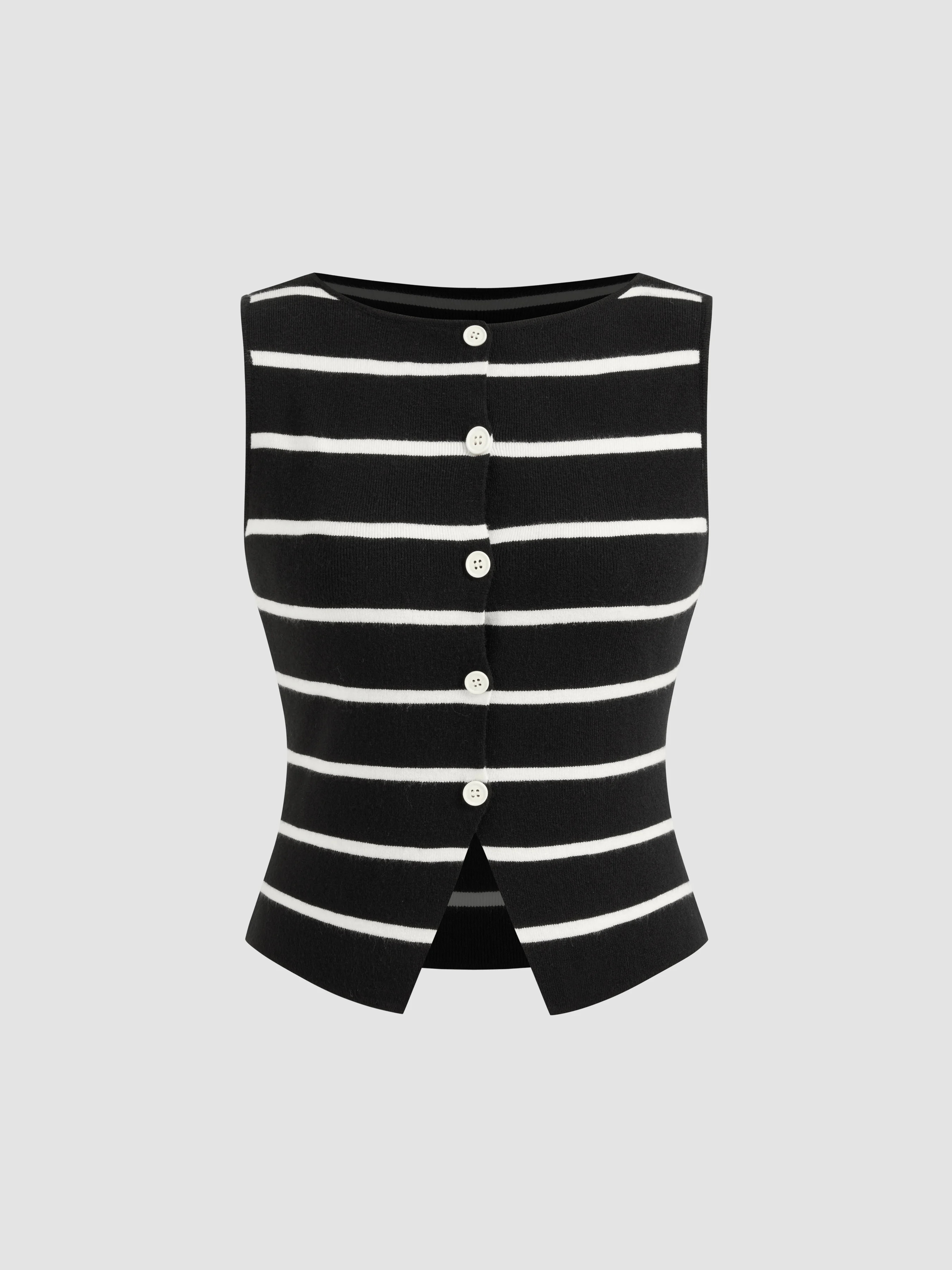 Sweater Vest Knit Fabric Knit Boat Neck Striped Button Split Vest For Work | Cider