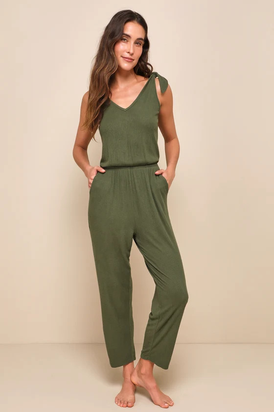 Belmore Olive Green Ribbed Sleeveless Jumpsuit | Lulus