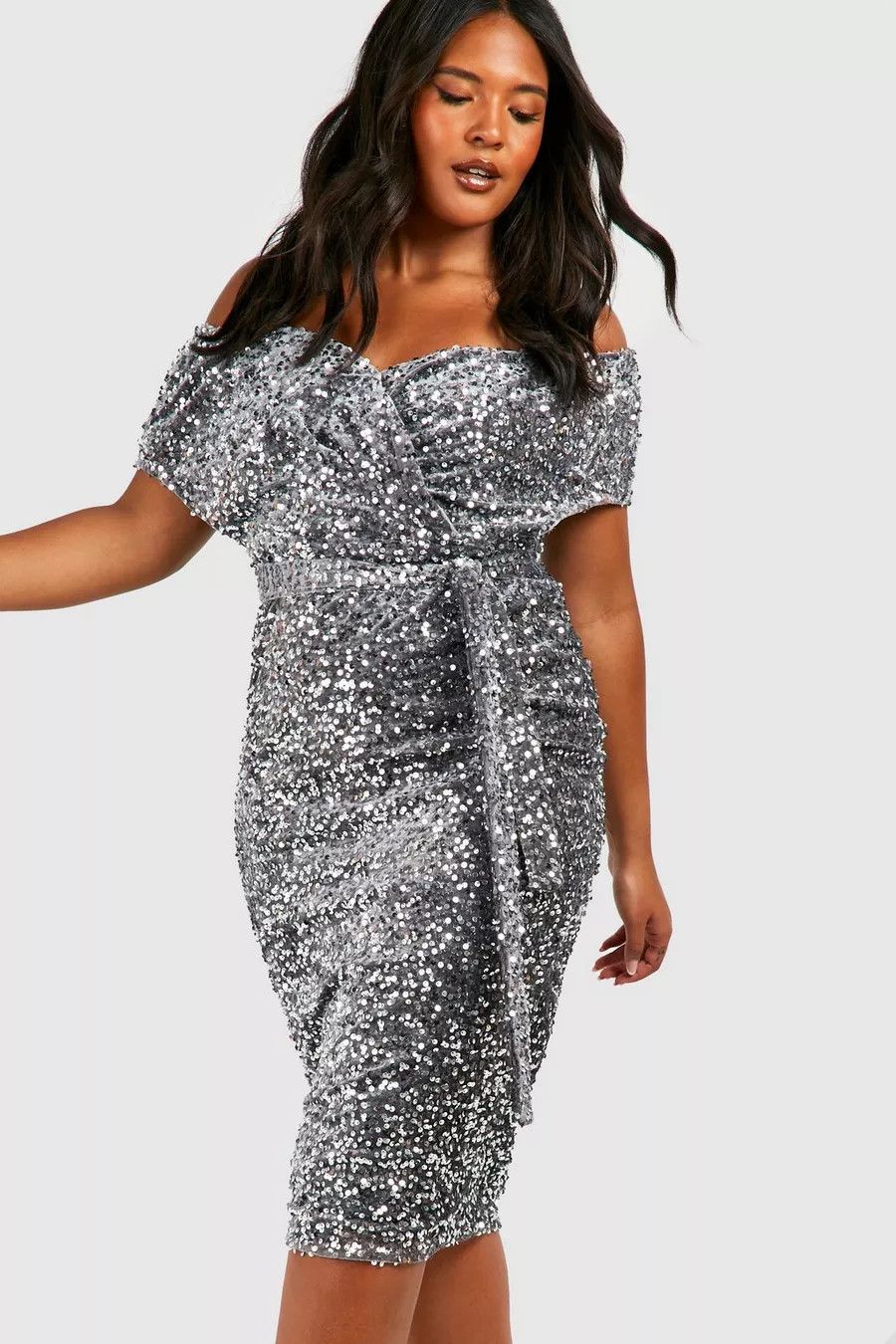Plus Sequin Off The  Shoulder Wrap Midi Dress | Boohoo.com (UK & IE)
