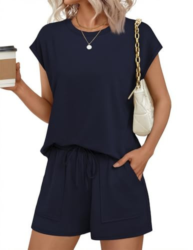 Amazon.com: Ekouaer Two Piece Sets for Women Summer Crew Neck Lounge Short Sets Cap Sleeve Drawst... | Amazon (US)