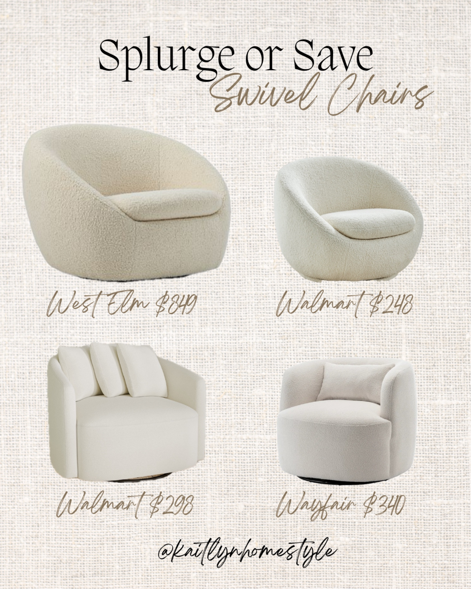 Splurge or Save swivel chairs. Walmart, West Elm and Wayfair. Home decor, neutral decor, accent chairs  

#LTKhome