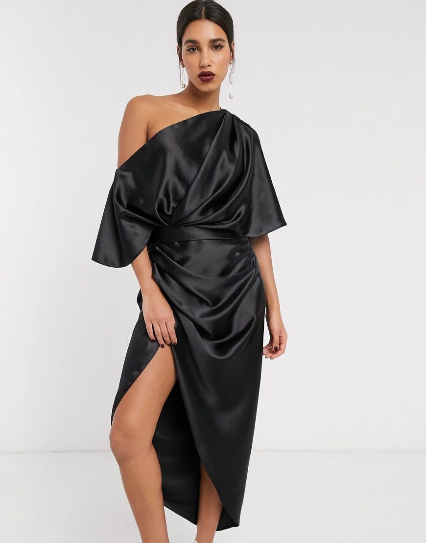 ASOS EDITION drape asymmetric maxi dress in satin-Black | ASOS (Global)