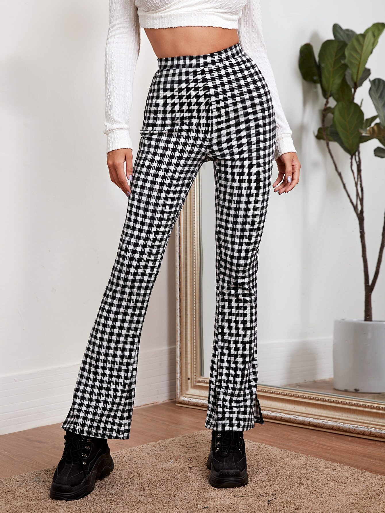 SHEIN Gingham High-Rise Flare Leg Pants | SHEIN