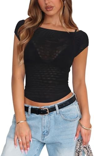 Womens Sheer Boat Neck Tops for Women Double Lined Mesh Top Women Cap Sleeve See Through Tee Shir... | Amazon (US)