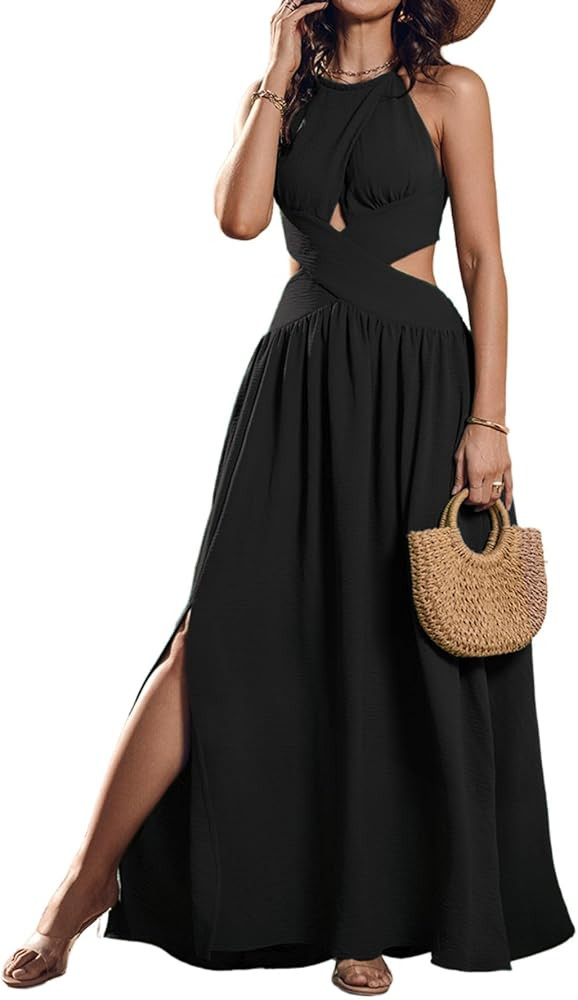 CHICME Women's Sleeveless Halter Neck Dress Criss Cross Tie Back Split High Maxi Dress | Amazon (US)