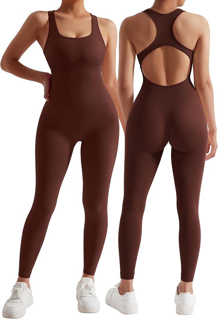 MOSHENGQI Women Racerback One Piece Jumpsuits Sleeveless Backless Bodycon Tummy Control Workout R... | Amazon (US)