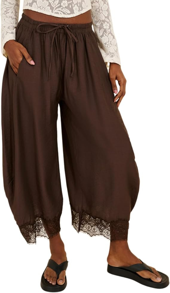 Women's Cropped Lace-Hem Pants Wide Leg Elastic Waisted Pantaloons Lounge Trousers Pajama Bottoms... | Amazon (US)