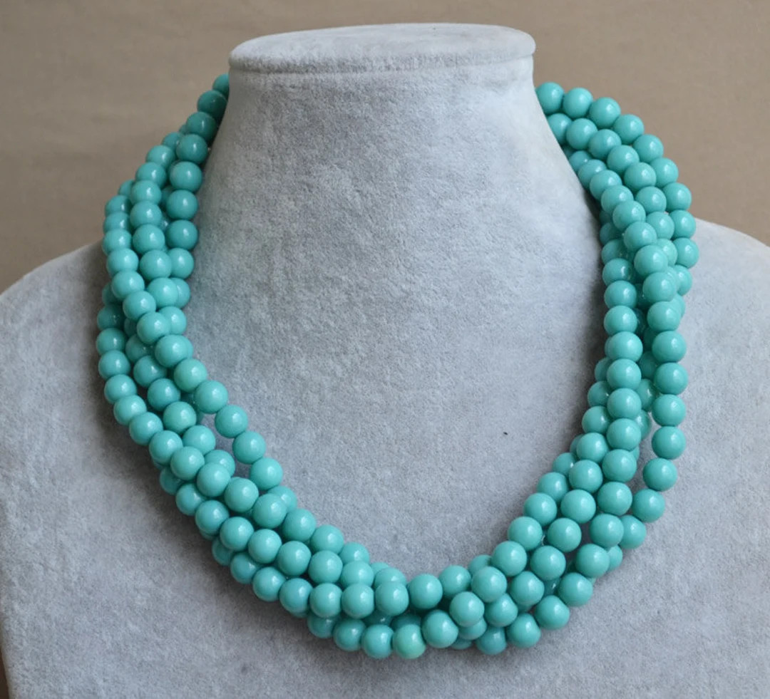 Turquoise Glass Bead Necklace, 5-Row Choker, Wedding Jewelry | Etsy (US)