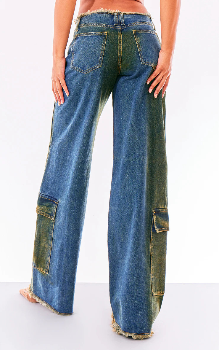 Indigo Vintage Wash Frayed Hem Pocket Detail Jeans | PrettyLittleThing US