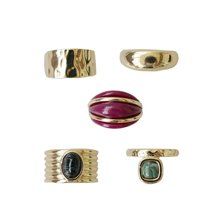 Time and Tru Women’s Resin and Metal Ring Set, 5-Piece, Gold-Tone - Walmart.com | Walmart (US)