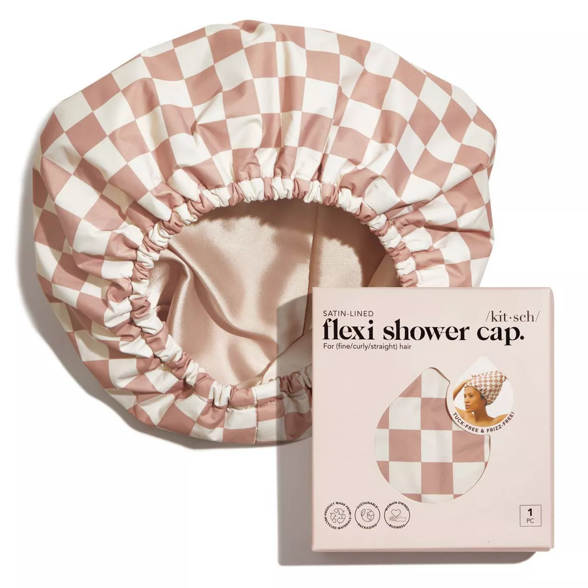 Kitsch Satin Lined Flexi Shower Cap - Terracotta Checker | Target
