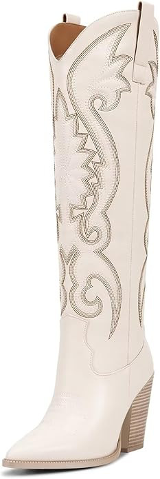 ISNOM Womens Cowboy Knee High Boots Cowgirl Boots Western Boots with Embroidered Pointed Toe Chun... | Amazon (US)