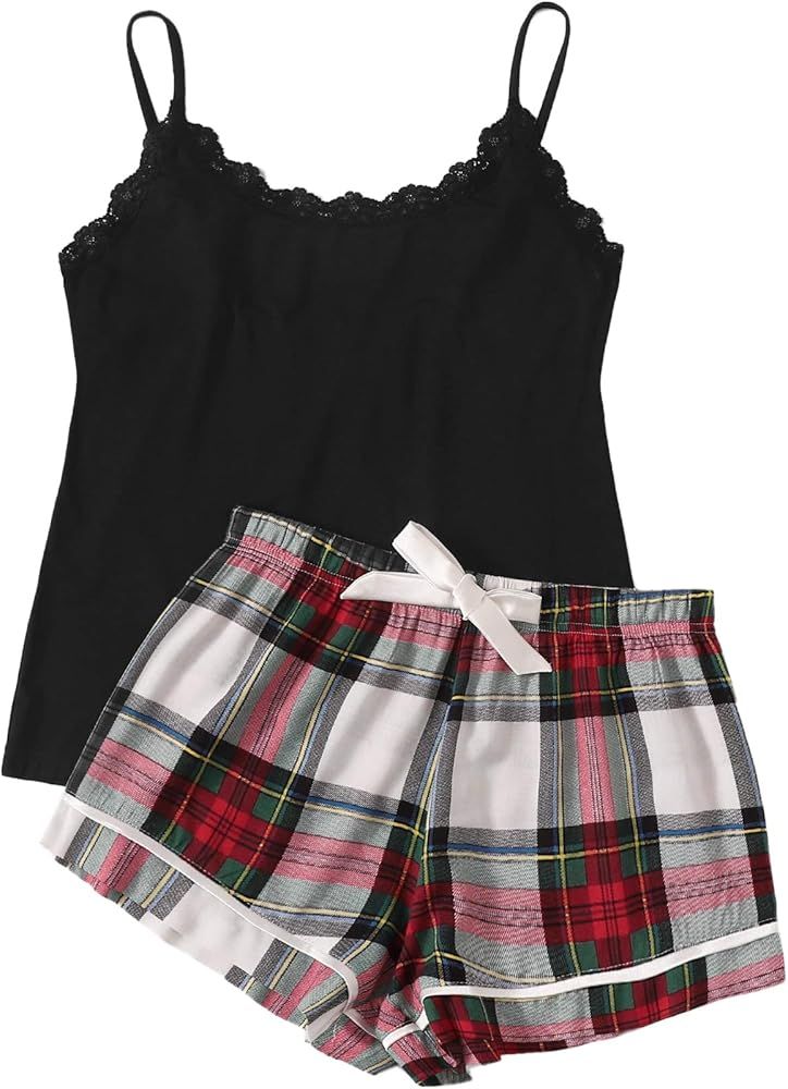 SweatyRocks Women's Sleepwear Set Plaid Print Cami Top and Elastic Waist Short Pajama Set | Amazon (US)