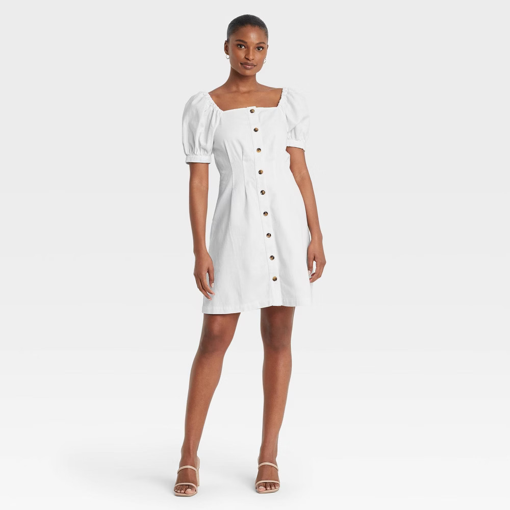 Women's Puff Short Sleeve Denim Dress - Who What Wear Bright White XL | Target