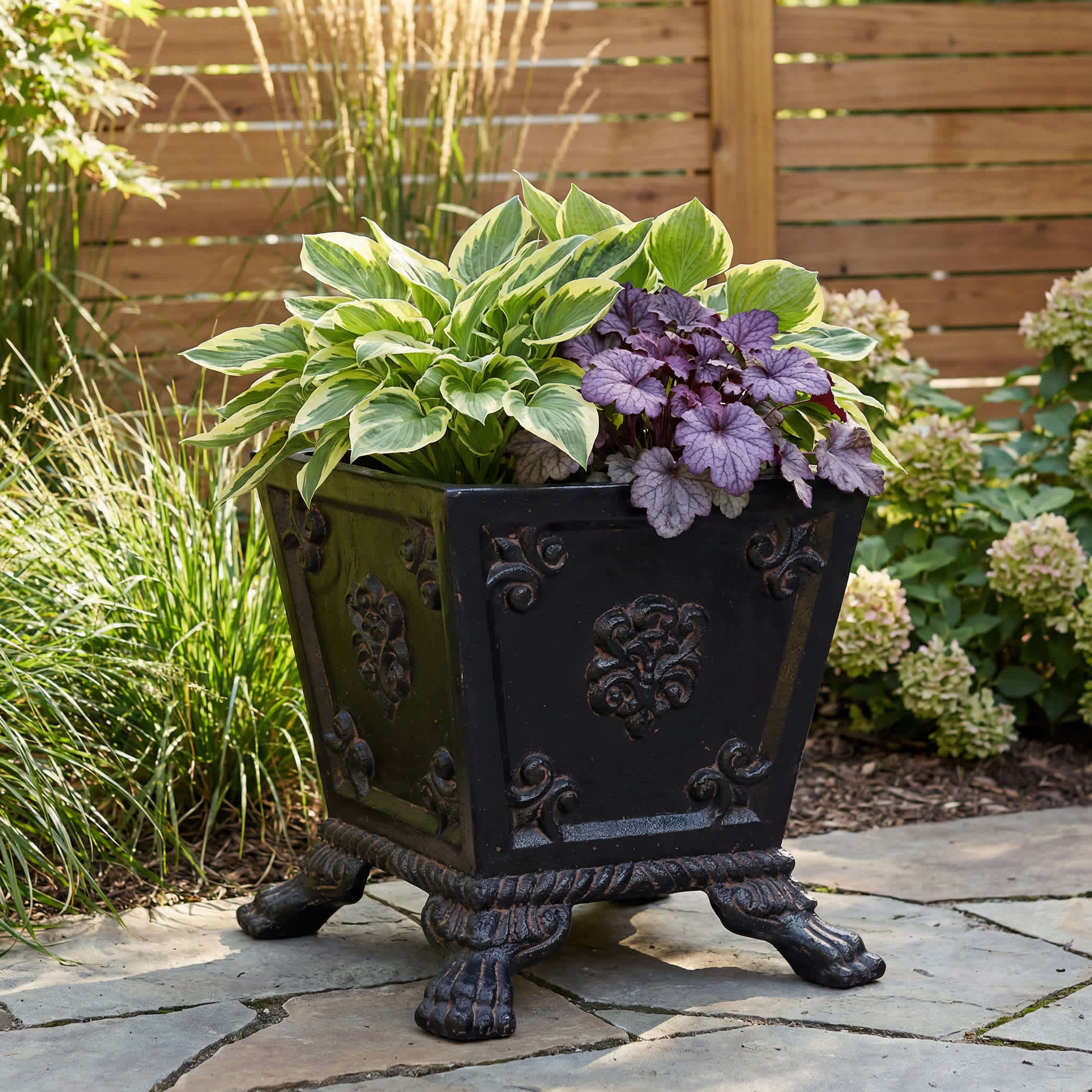 MPG Planters 15 in. Sq Cast Stone Footed Planter in Aged Charcoal finish one_size in Black | PF6245AC | Lowe's