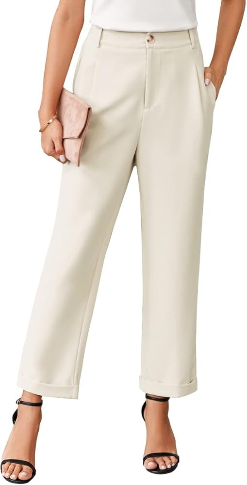 Febriajuce Women's High Elastic Waisted Dress Pants Button Down Pleated Work Pants Straight Leg A... | Amazon (US)