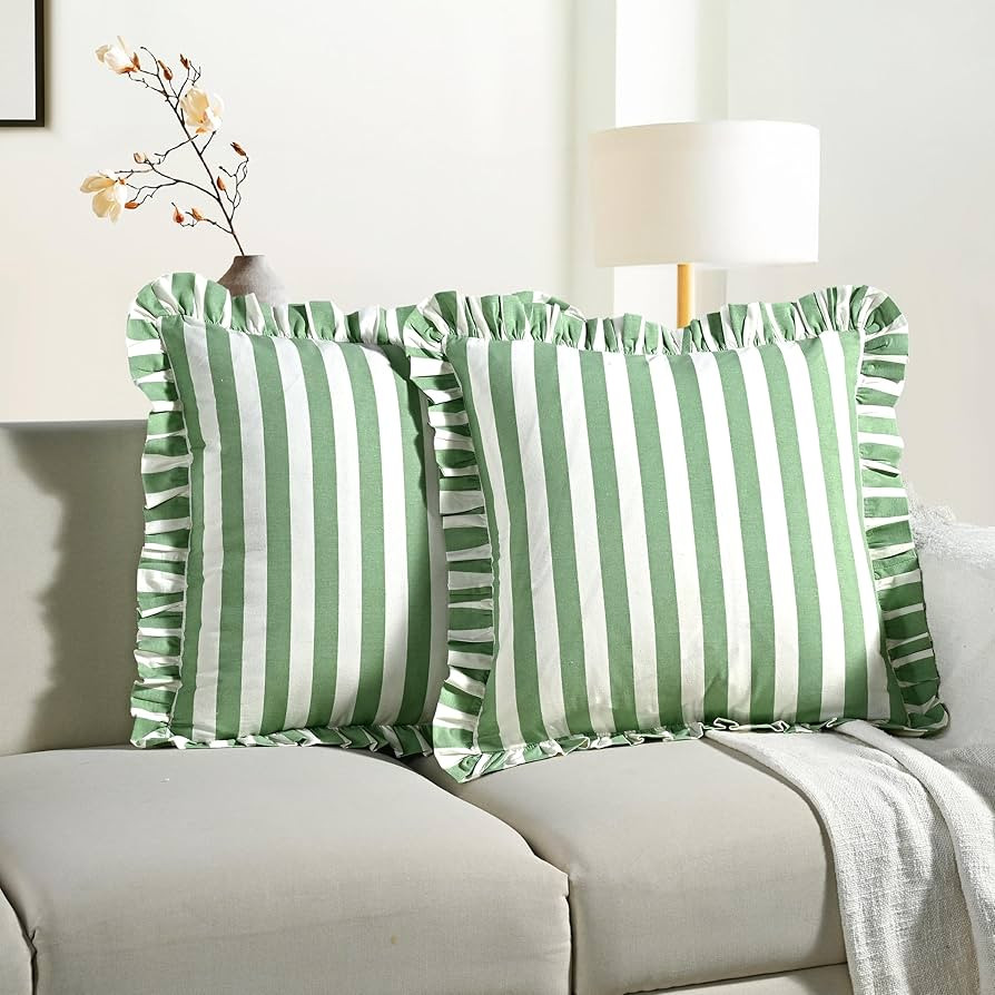 CPC Green Striped Hand Block Print Cotton Ruffle Decorative Throw Covers with Hidden Zipper 20" x... | Amazon (US)