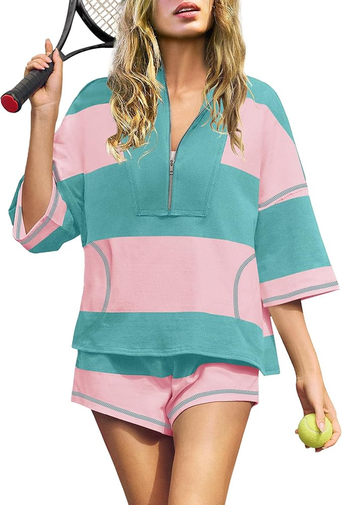 Panadila Women Striped Workout Set Two Piece Outfit Tracksuit Oversized Lounge Set Top and Shorts... | Amazon (US)