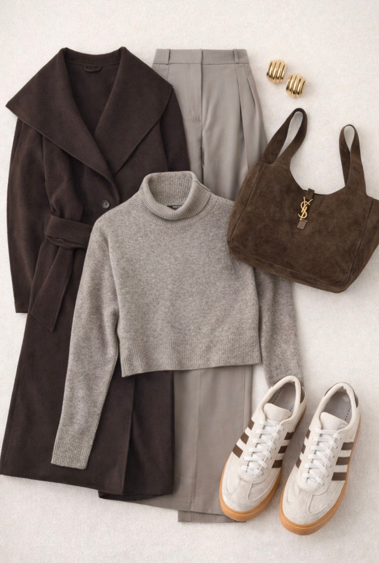 Minimalist mirror selfie of a chic woman in a neutral capsule wardrobe outfit: long dark brown tailored coat, beige ribbed turtleneck sweater, light-wash straight jeans, brown suede loafers, structured leather tote. Golden retriever puppy wearing matching coat and knit sweater beside her. Clean Scandinavian apartment, soft natural light, calm aesthetic, quiet luxury vibe, neutral palette, modern lifestyle fashion photography, vertical composition.

30 words (with /):
Tailored/long/brown/coat / soft/beige/turtleneck / light/wash/straight/jeans / suede/brown/loafers / structured/leather/tote / cozy/minimalist/neutral/aesthetic / golden/retriever/style/match / quiet/luxury/everyday/chic / effortless/fall/classic

Hashtags:
#quietluxury #capsulewardrobe #minimalstyle #neutralaesthetic #classicstyle #effortlesschic #falloutfit #cozyfashion #streetstyleminimal #timelessstyle #everydayelegance #modernminimal #styleinspo #ootdstyle #fashioninspo #minimalfashion #cleanstyle #scandinavianstyle #neutraltones #dogmomstyle #goldenretrieverlove #elevatedcasual #quietluxurylook #simplechic #capsulestyle

#LTKSpringSale #LTKdayinmylife #LTKFestival