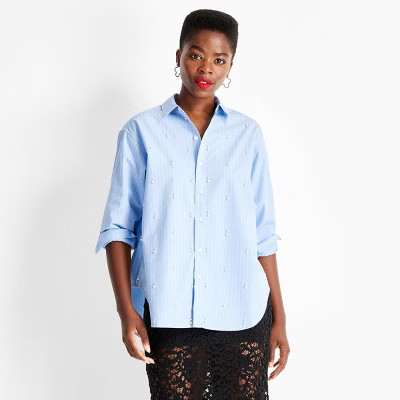 Women's Long Sleeve Collared Embellished Asymmetrical Button-Down Shirt - Future Collective Blue ... | Target