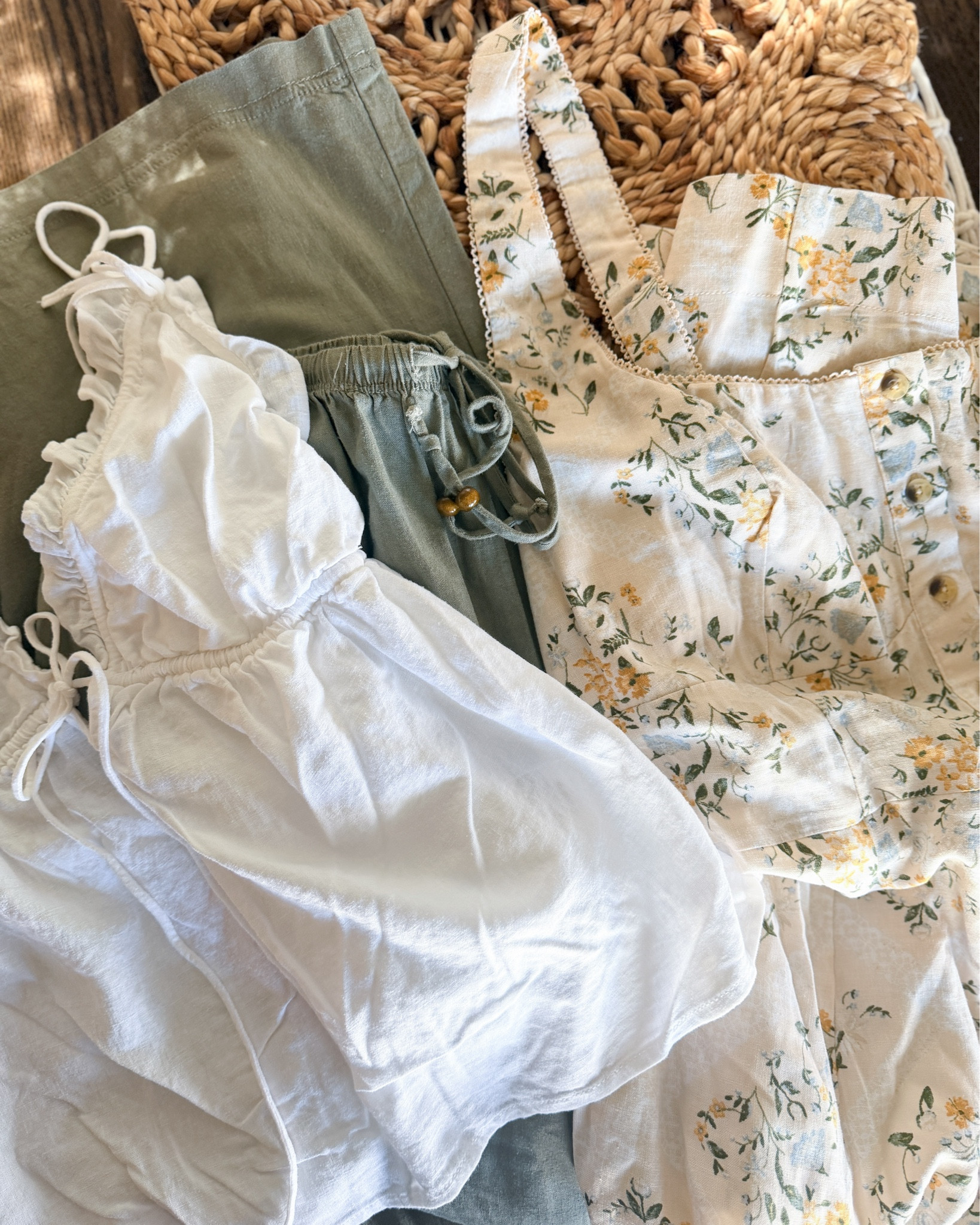 The perfect spring + summer neutral closet staples. (Pants are not online yet.) Size small in all. 

spring summer outfits - neutral outfit staples - white babydoll tank top - linen pull on pants women - green linen pants outfit - floral midi dress outfit - lightweight breathable clothing - effortless everyday style - casual chic outfits - minimal neutral wardrobe - easy summer dressing

#LTKFestival #LTKU #LTKootd