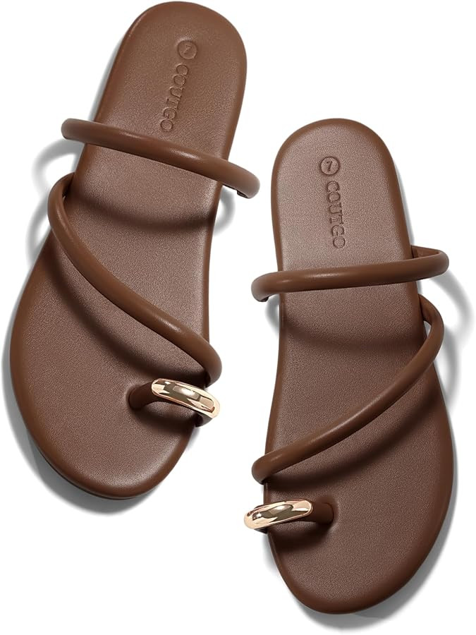 Coutgo Womens Strappy Flat Sandals Square Open Toe Flip Flops Slides Toe Ring Summer Dress Shoes | Amazon (US)