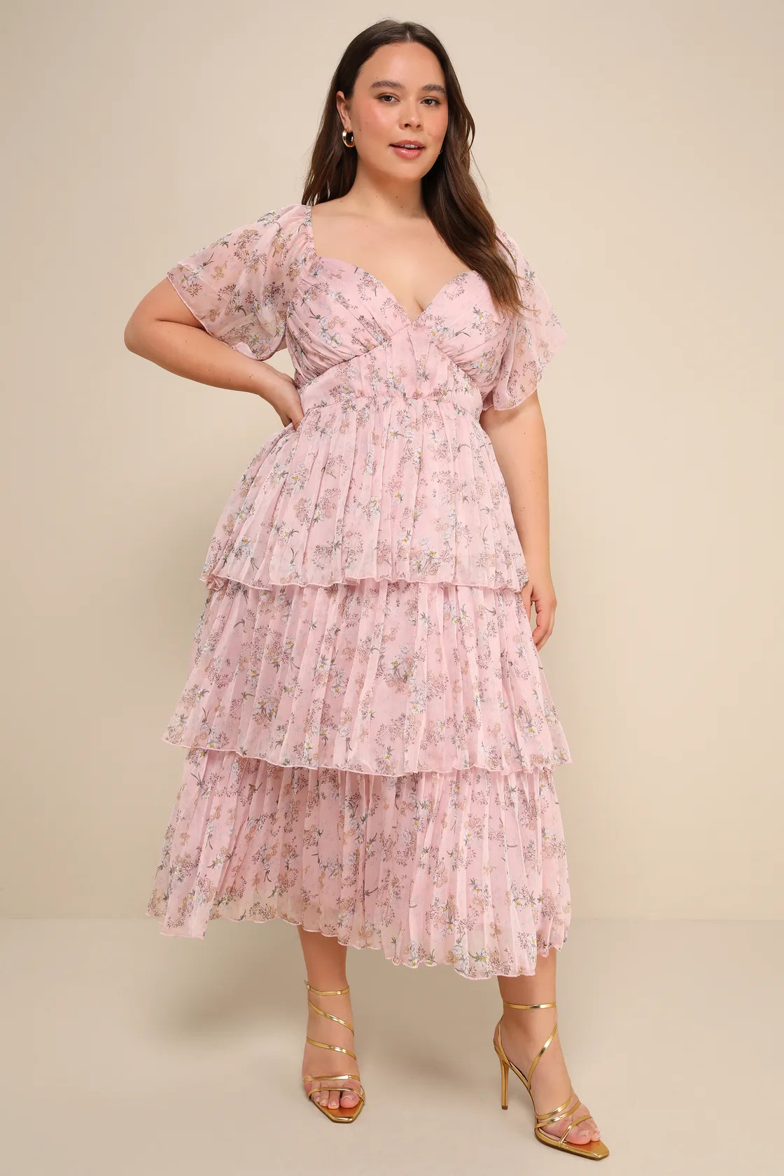 Gentle Charm Mauve Floral Print Pleated Tiered Midi Dress | Lulus
