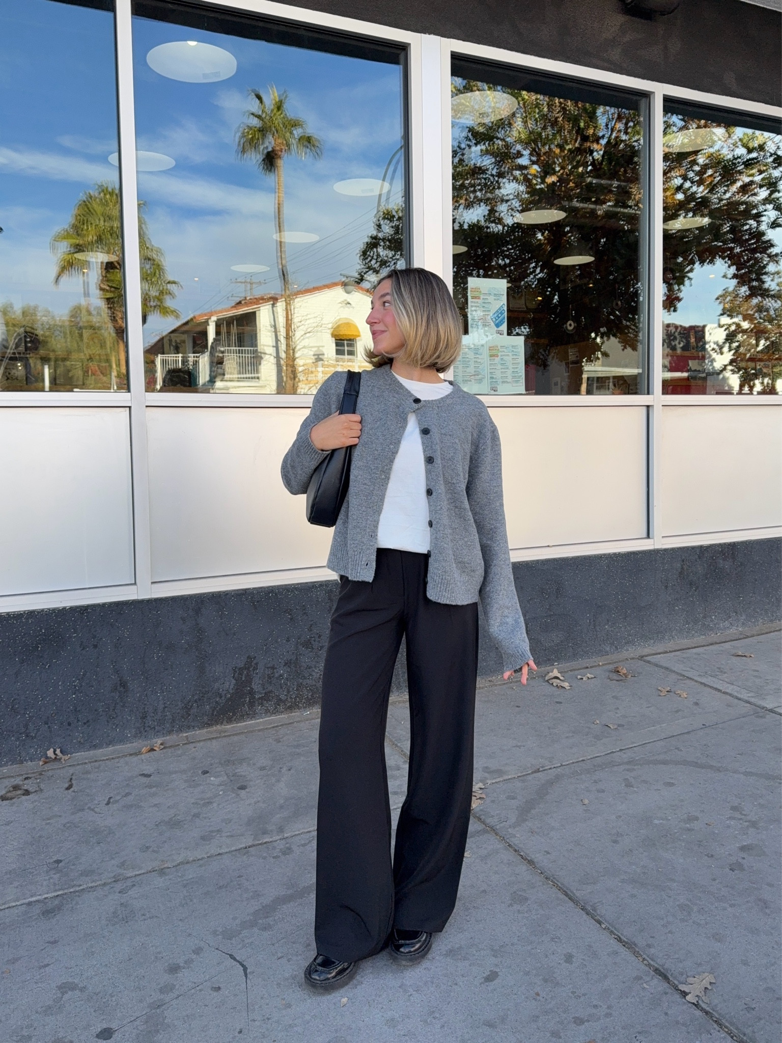 Winter outfit, winter style, grey cardigan, grey sweater, basic tee, white tee, black trousers, black loafers 

#LTKSeasonal #LTKStyleTip