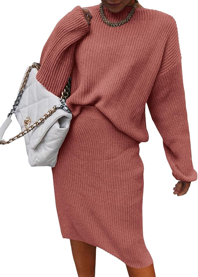 BTFBM Women's 2 Piece Skirts Outfits Long Sleeve Knit Pullover Split Bodycon Midi Skirt Fall Wint... | Amazon (US)