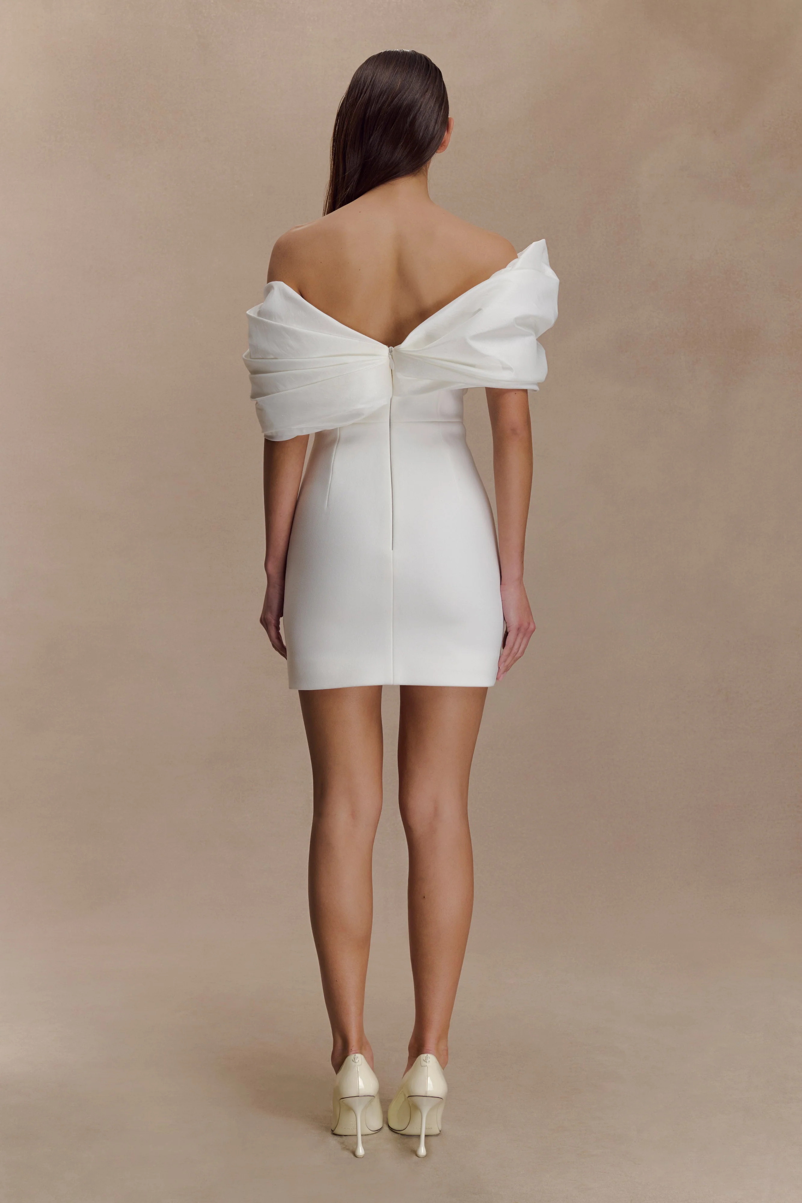 Aphrodite Off Shoulder Crepe Mini Dress - Ivory | MESHKI US