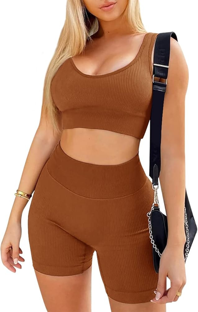 OLCHEE Women’s Sexy 2 Piece Workout Sets - Seamless Ribbed Legging Shorts and Sports Bra Yoga Active | Amazon (US)