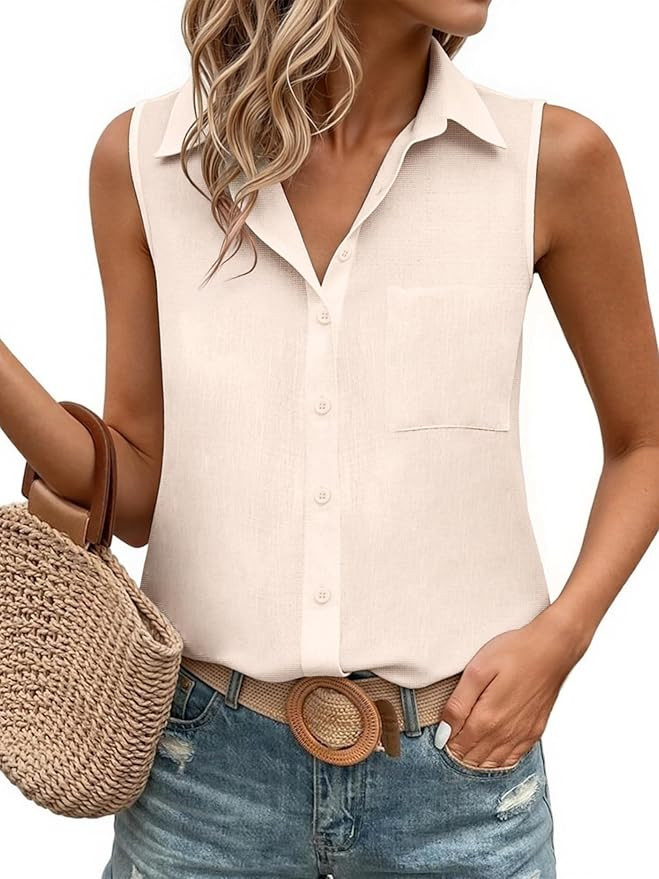 JEKAOYI Womens Sleeveless Casual Button Down Shirts Cotton Blouses Button Up Collared Tank Tops S... | Amazon (US)