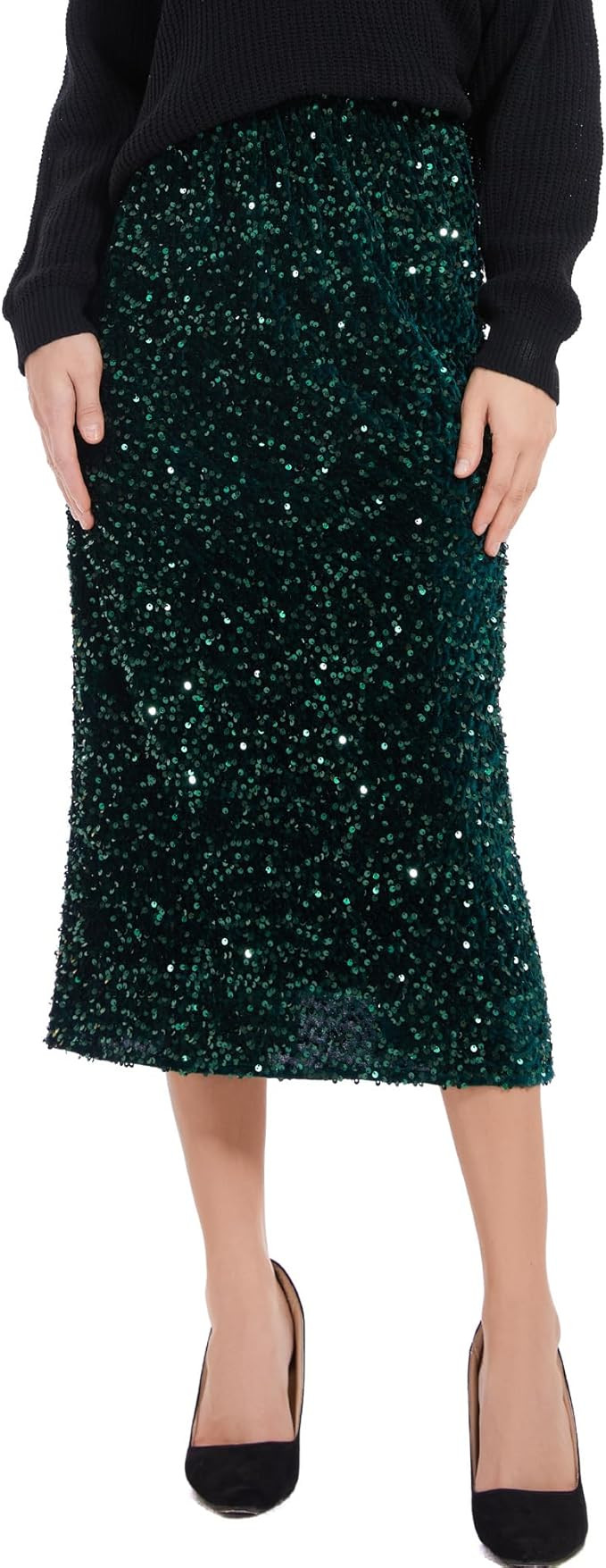 Women’s Sequin Velvet Skirt Elastic High Waist Sparkle Split Hem Night Out Party Maxi Skirt | Amazon (US)