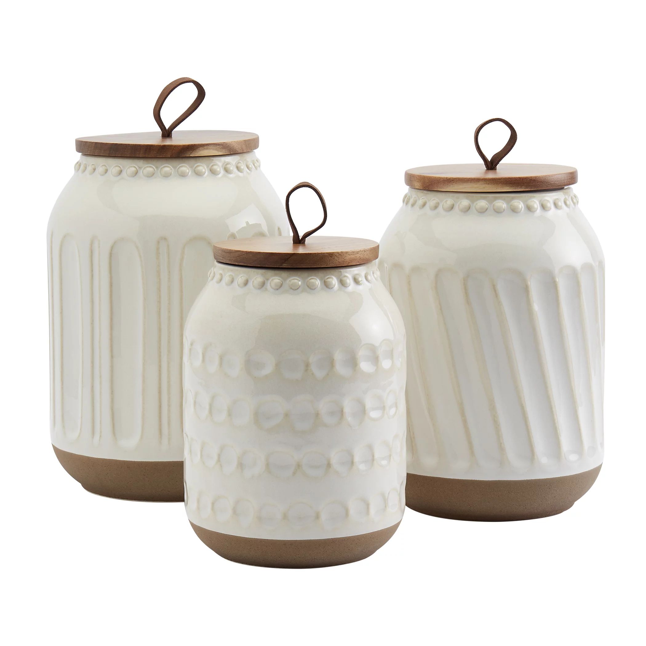 Tabletops Gallery 3 Piece Embossed White Canister Set Stoneware Designed Embossed Acacia Wood Whi... | Walmart (US)