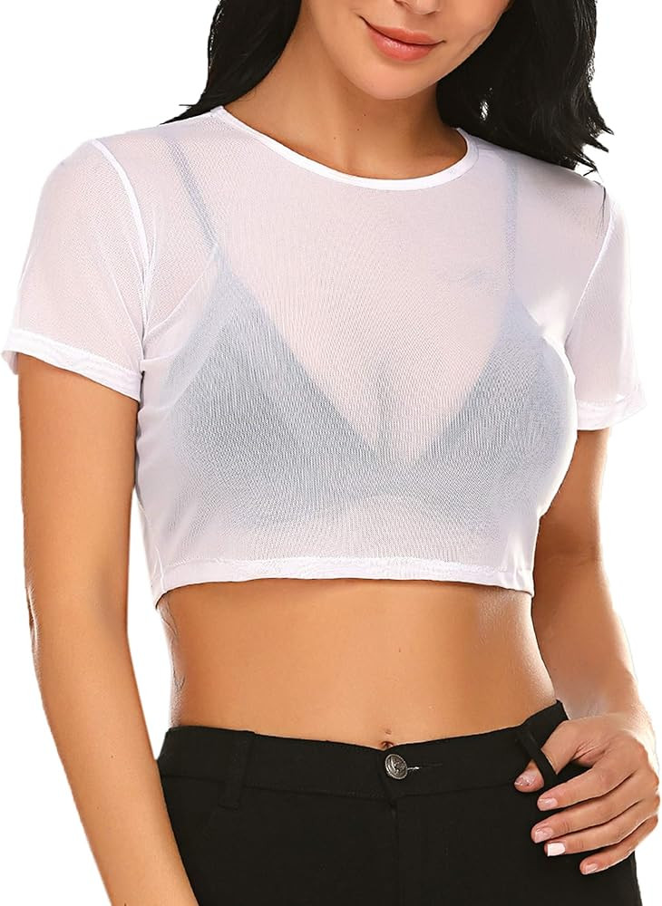 ADOME Mesh Top Mesh Crop Top Plus Sheer Cropped Shirt Black Crop Short Sleeve S-XXL | Amazon (US)