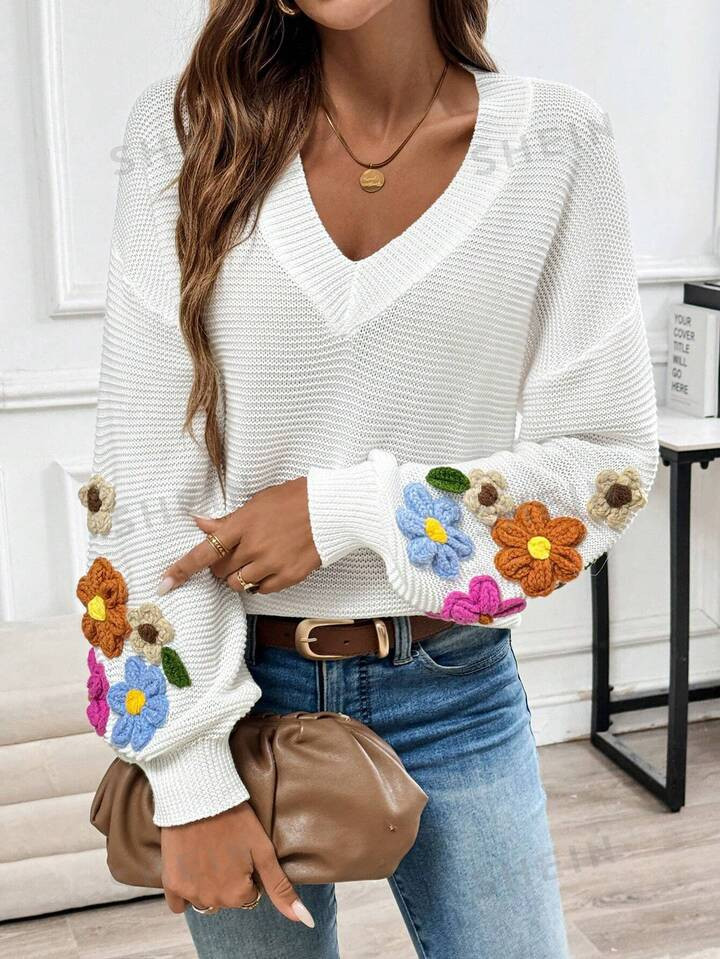 SHEIN LUNE Casual V-Neck Stereo Hook Flower Lantern Sleeve Women's Pullover Sweater | SHEIN