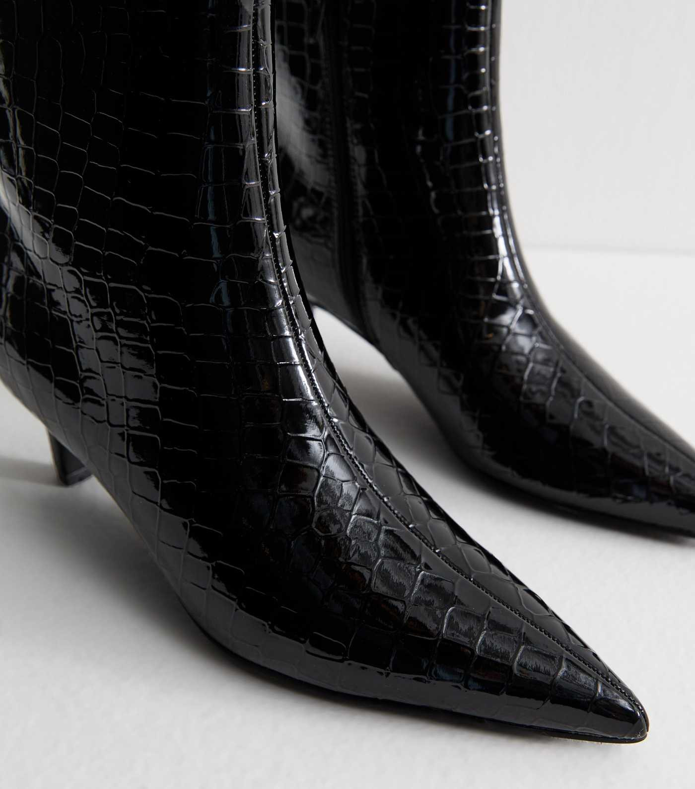 Black Crocodile Effect Faux Patent Leather Point Toe Ankle Boots | New Look | New Look (UK)
