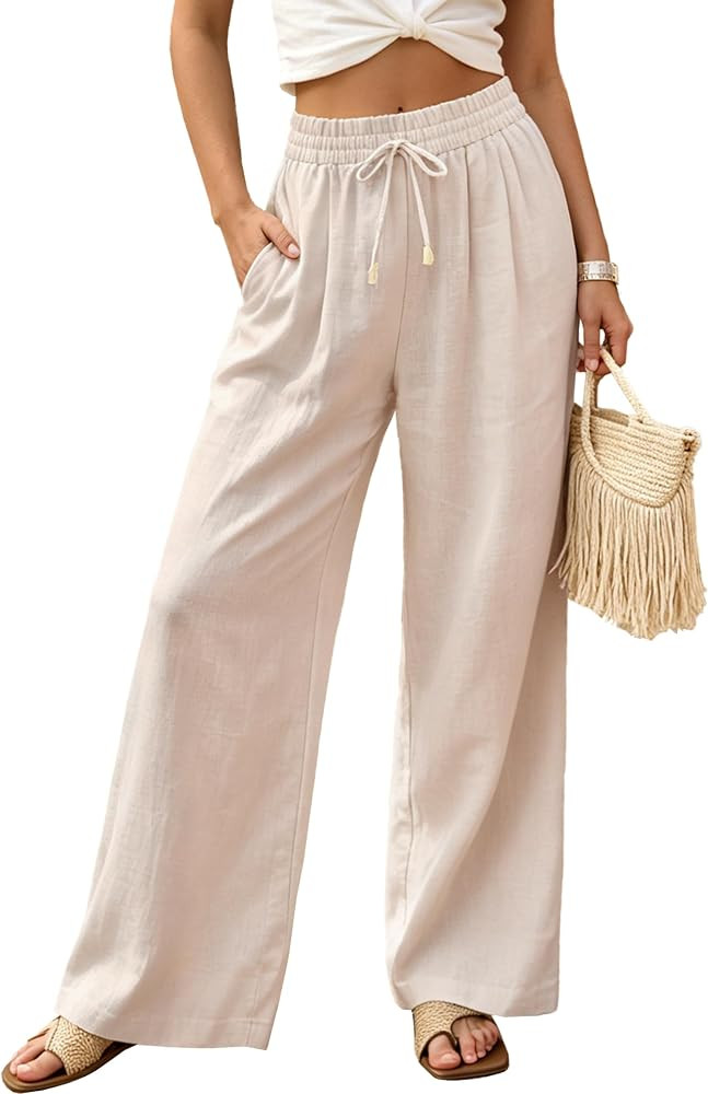 Womens Linen Pants with Pockets High Waisted Linen Drawstring Pants Wide Leg Petite Palazzo Pants... | Amazon (US)