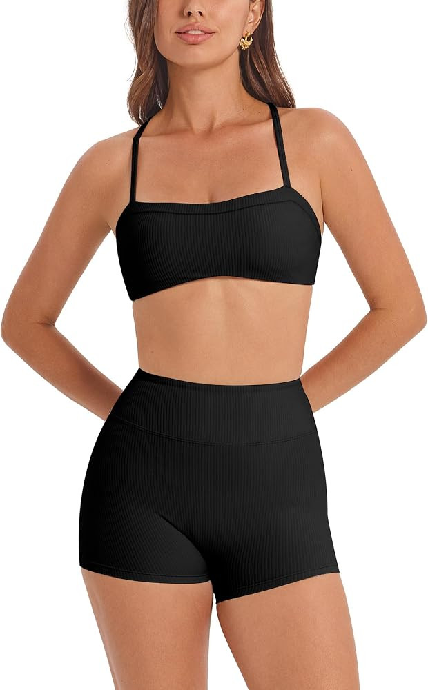 ABOCIW 2 Piece Workout Sets for Women Ribbed Square Neck Sports Bra High Waist Shorts Athletic Ma... | Amazon (US)