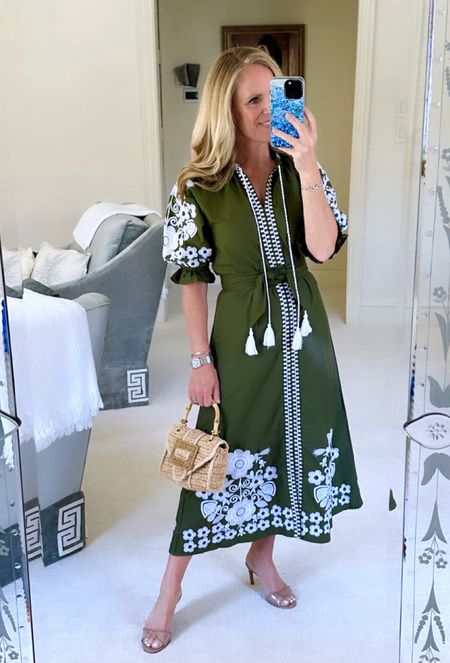 Stunning army green midi dress with white floral embroidery

Fits true to size but run a tan small in the bust so check measurements to be sure. I let this out a little and it’s perfect! 

Available In lots of color combinations but they sell quick so don’t wait if you love a color!

I’m 5’2” tall for length reference  

#LTKSeasonal #LTKStyleTip #LTKOver40