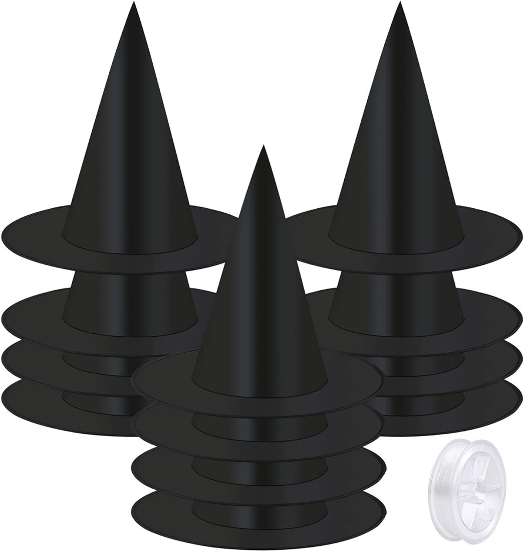 12 Pieces Halloween Costume Witch Hat with 100 Yards Hanging Rope for Halloween Yard Decoration,B... | Amazon (UK)