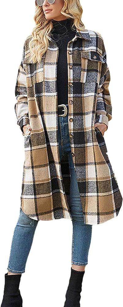 Women's Casual Plaid Lapel Woolen Button Up Pocketed Long Shacket Coat | Amazon (US)