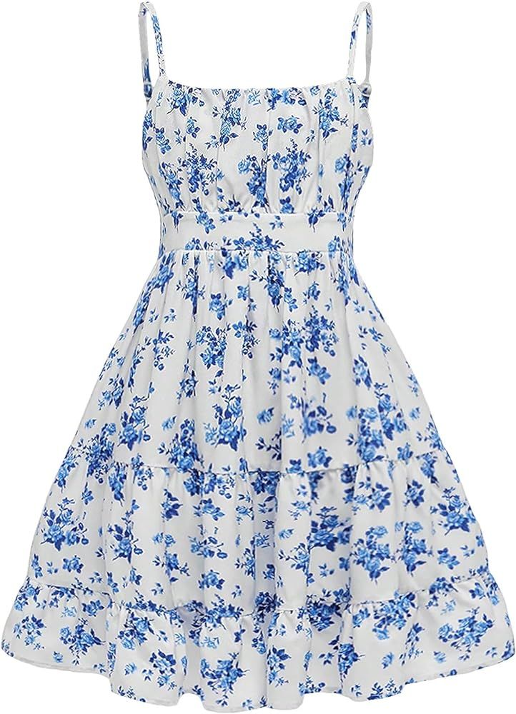 Floerns Girl's Floral Print Sleeveless Ruched Ruffle Hem A Line Cami Short Dress | Amazon (US)